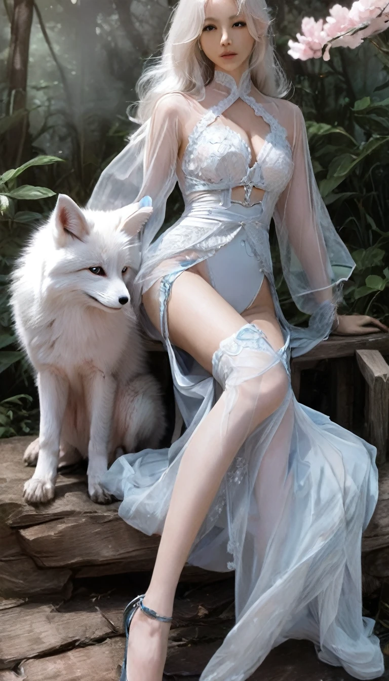 Fox-eared white-haired girl,Full body female love,Drawing of a white fox sitting on a branch,Ethereal Fox,Nine-tailed Fox,fox three-tailed fox,Onmyoji detailed art,Nine Tails,A beautiful artistic illustration,Mythological Creatures,red fox,(Fighting Stance),Beautiful digital artwork,Beautiful digital illustrations izutsune , Inspired by the mythical creature Wildnet,Digital Art on pixiv,glare,High contrast,horror theme,Dark atmosphere