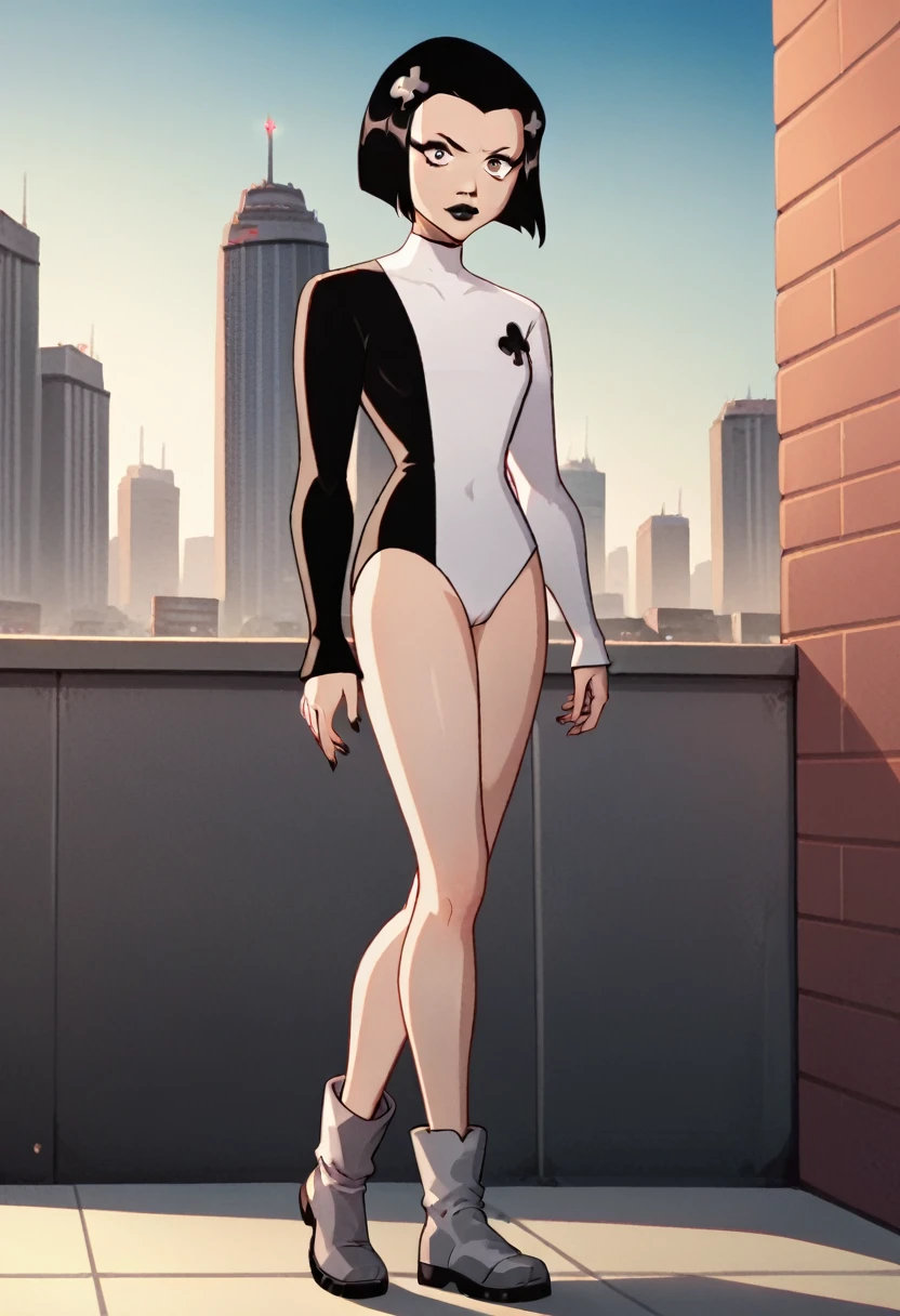 ace, 1girl, black hair, solo, white leotard, short hair, hairclip, black lipstick, long sleeves,full body, grey boots, bob cut,club \\(shape\\) upper body, cowboy shot,score_9, score_8_up, score_7_up, score_6_up, score_5_up, score_4_up city, cityscape, cameltoe, looking at viewer