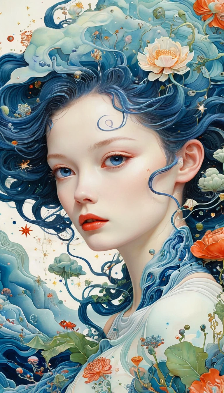 (((James Jean styles：1.5)))，microorganism、plant、Marine life、Exquisite eyes、Starry Sky，Stitching together an abstract painting，Describing the inner world of autistic people，3D spatial sense，White Space，interesting，Innocence，Psychedelic Art