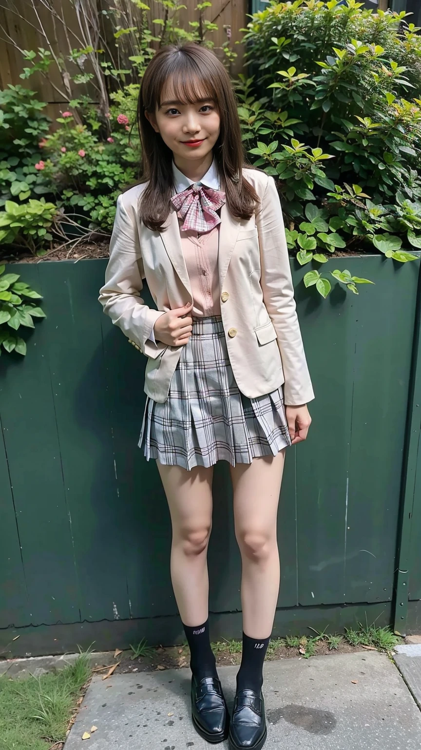 (8K、RAW Photos、Highest quality、masterpiece:1.2)、(Realistic、Realistic)、1 Girl、((Black Check Mini Skirt、whole body、High School Uniform、smile、Pink Blazer、Navy Socks、loafers、garden、View from the front、Looking into the camera、Stand with hands on hips))、cute