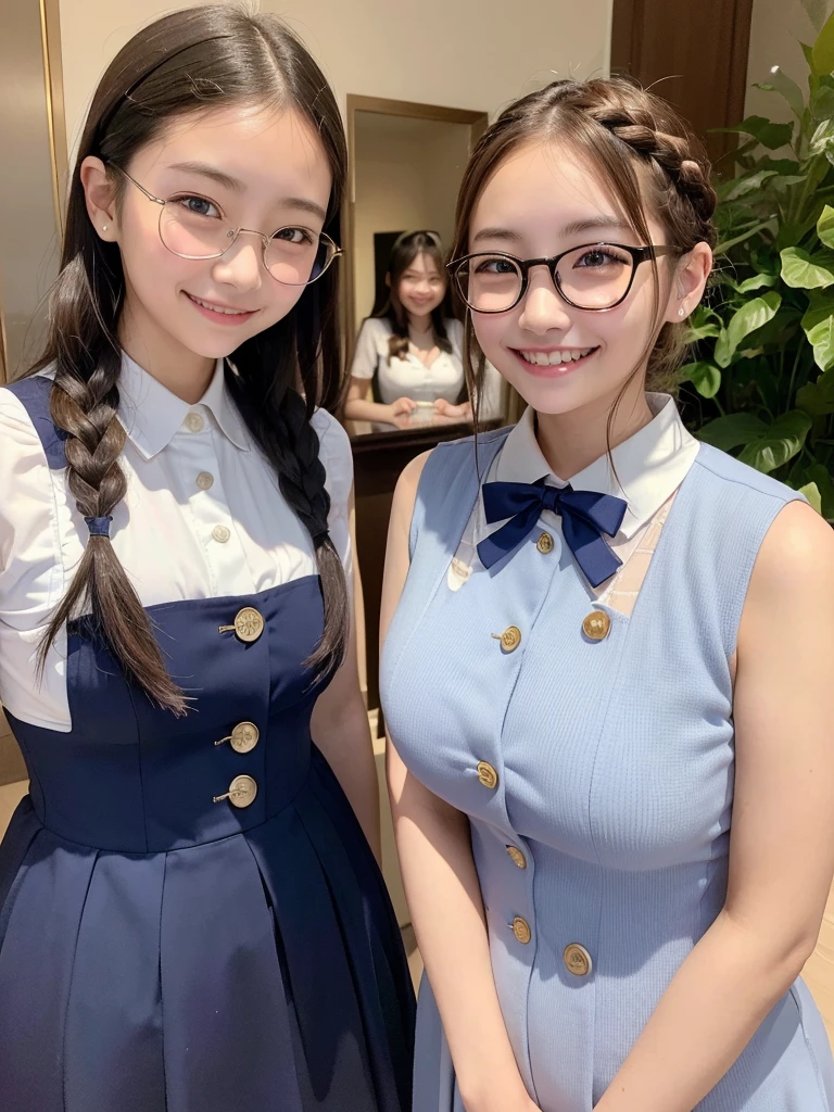 Highest quality、masterpiece、、Very detailed、Realistic、(Two Girls)、(Looking at me with a smile:1.5)、whole body、Small face、(Chubby:1.2)、Big Breasts、Glasses、One-piece dress with buttons and collar、Braid、 uniform、Erect nipples