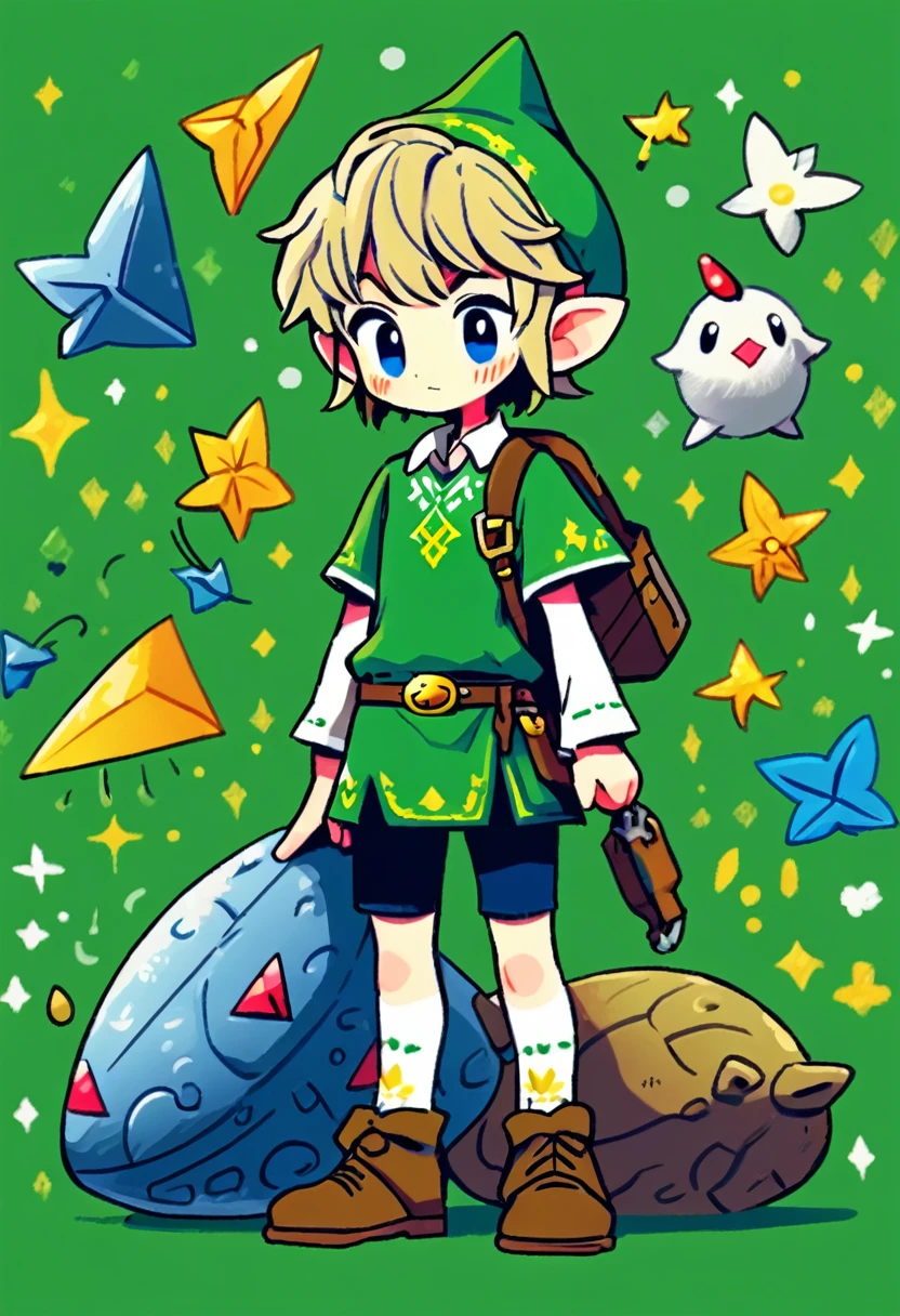 Elf Boy、A beautifully detailed rendering of Link from The Legend of Zelda: Ocarina of Time、Dynamic pose、Digital Art、Dramatic lighting、Intricate details、elegant、cute doodle