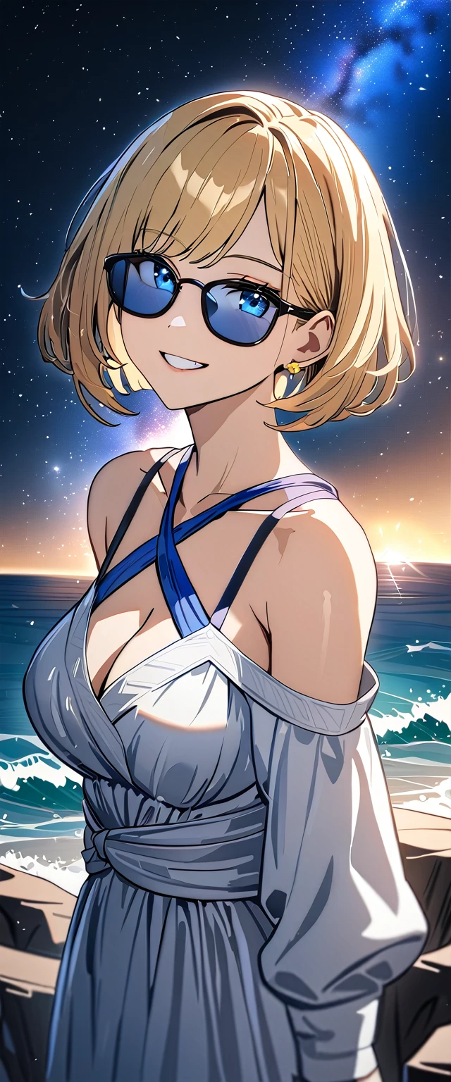 ((grin)), 風が強い, ((off-shoulder dress:1.3, criss-cross halter)), ((white sundress)), ((cleavage)), ((blond hair, bob cut:1.3)), ((sunglasses, hand to sunglasses)), (((from side))), ((((upper body)))), bare legs, (()), (((a beautiful starry sky, the Milky Way shining beautifully in the night))), ((standing on the very high cliff)), wavy hair, inward curled hair, ((sea, nature)), breasts, ager, (looking at viewer), puffy long sleeves, collarbone, head tilt:1.3, (((blue eyes))), happy smile, (((anime style))), (best quality, 4K, 8K, highres, masterpiece:1.2, ultra-detailed, ultra-detailed eyes, HDR, uhd, studio lighting, ultra-fine painting, sharp focus, physically-based rendering, extreme detail description, professional, vivid colors, bokeh)
