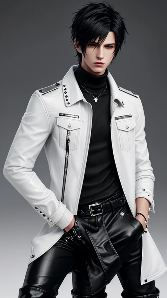 Final fantasy taste and reality graphics, Japanese young cute and cool ikemen boy, his age is early 20s, thin eyebrows and beady eyes, he wearing off white color leather thick material jacket, jacket is singlebrest, biker style jacket, with epaulet, jacket is long sleeve, must close the front of the leather jacket, , jacket is voluminous, ,must jacket is high length and stand-up collar with two belts, must zip up front of leather jacket, jacket is a little black color line pattern,close the front of the jacket, also wearing black thick material turtleneck lackluster shirts, tight black leather pants, shiny black leather tight and thin glove, black leather knee-high raceup boots,must views head-to-toe,must views whole body, boy looks like fashion model,Do not show skin from the neck down,leather jacket leather glove and leather pants have few wrinkles,boy in the room,Avoid showing your innerwear