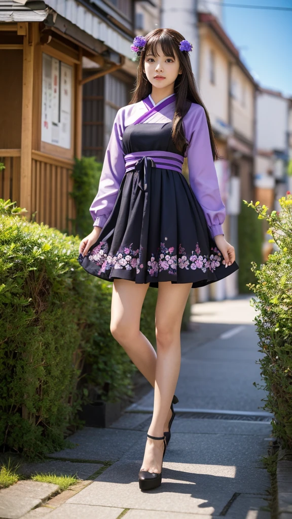 Full body, Anime girl in a purple and black dress with a purple sakura flower in her hair, artwork in the style of Gweitz, Gweitz, japanese Girl, Trending on cgstation, Cute anime in a nice dress, Gweitz on pixiv artstation, palace , Girl in Hanfu, Beautiful digital art, Gweitz on artstation pixiv, very very long brown hair rapunzel, dancing, walking, background japan city