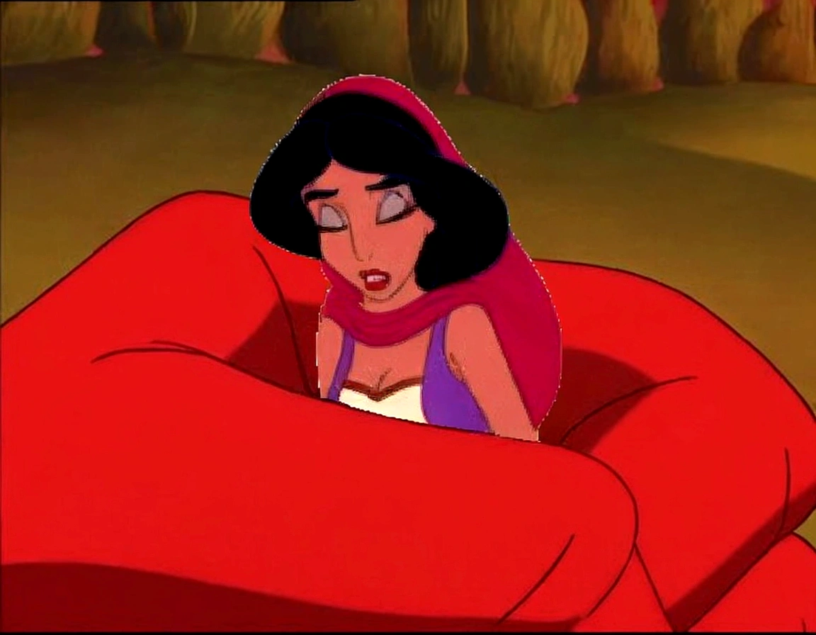 a close up of a cartoon of a woman in a red chair, princess jasmine, megara, aladdin, princes jasmin, sleeping princess!!!!, classic disney mood, pocahontas, someone sits in bed, jasmine, genndy tartakovsky, disney 2d animation still, aesthetic!!!!!! female genie, arabian princess, style of disney animation, female disney villain