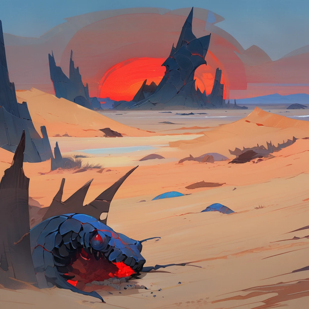 Old West, Desert, horizon, blue Night , from far, Oil paint, red sun,(only blue and black color palette), Giant glass shards in sand, spiky glass structures, massive giant worm crawling in the dunes, sand dunes, dune, worm, darkness, Scary, corpse
