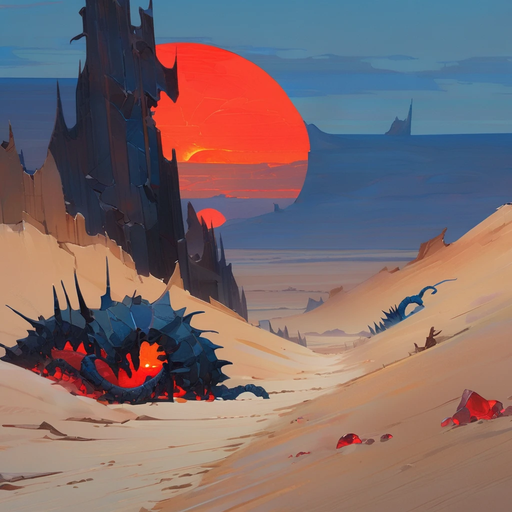 Old West, Desert, horizon, blue Night , from far, Oil paint, red sun,(only blue and black color palette), Giant glass shards in sand, spiky glass structures, massive giant worm crawling in the dunes, sand dunes, dune, worm, darkness, Scary, human Skeleton