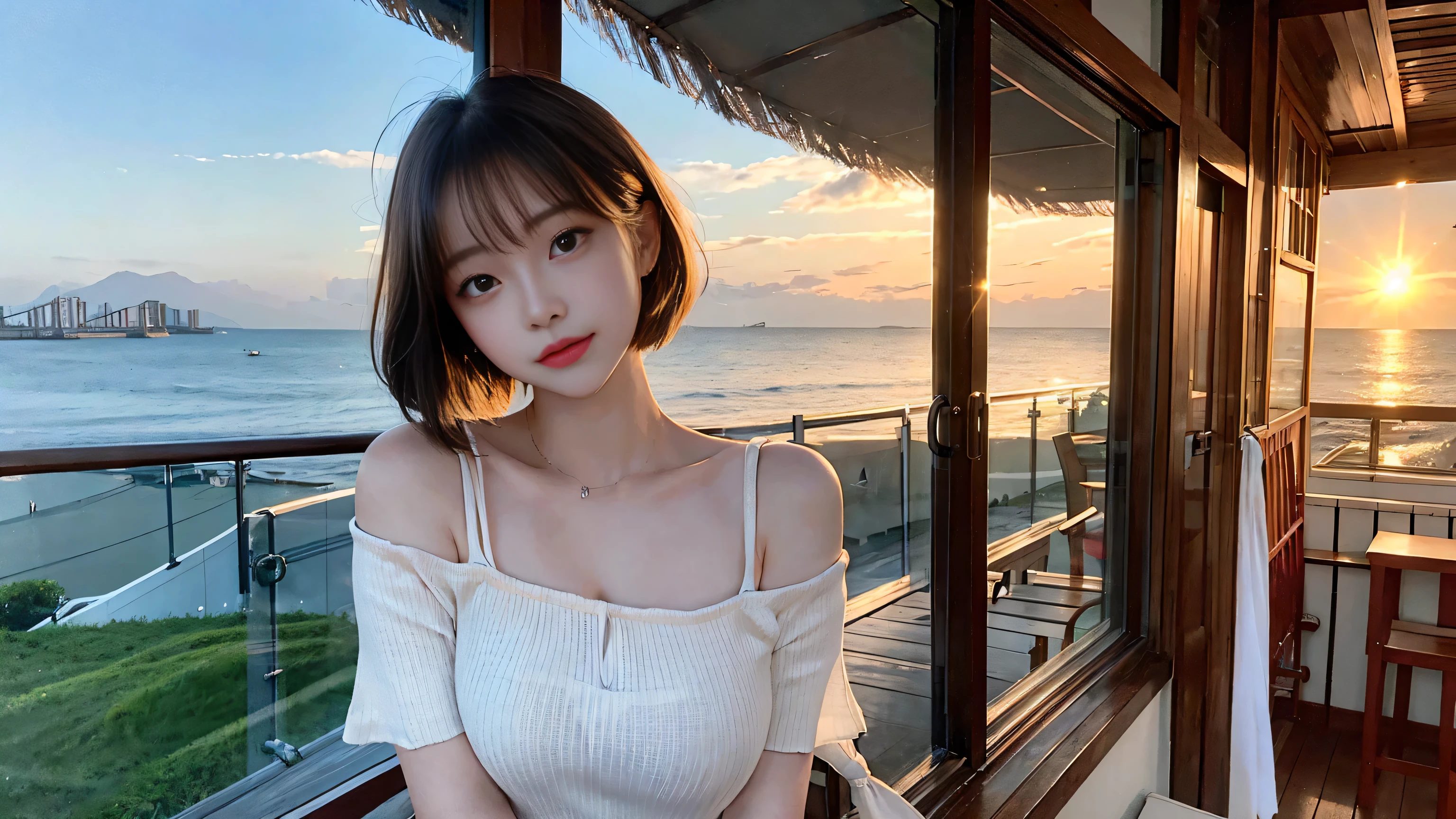 the sky turns red、Luxurious off-shoulder、troubled face、wet white t-shirt and jeans、、light brown hair、elegant hairstyle、blue eyed woman、Cute girl looking upwards、When the sky gets dark、the sky turns red as the sun sets、Tight clothes that reveal the body line、、elegant summer knitwear、elegant summer sweater、Leather belt、short skirt、dress elegantly着こなす、Luxury Bagedium Shorthair:1.4））、the sun shines on her、light brown hair、light brown hair、The sky turned red、There are clouds、private's cute、彼女のvoluptuous breastsは服の上からでも明らかです.、輝く太陽はとてもbeautiful、dusk is approaching、lens flare、I can see the sunset、（（Sunlight reflecting off the sea、seascape、the sun shines on the sea、&#39;beautiful.、Small earrings、private&#39;dinner、Birds fly too、、brunette hair color、Hair tying、the woman is on the right:1.4））、Luxury Leather belts、shiny clothes、light beige hair color、blur background、Please braid only the bangs...、light brown hair、｛｛Cowgirl Shot｝｝、（（Upper body close-up shot、voluptuous breasts:1.4））、にっこりlaugh、Silk clothing、服からでも分かるvoluptuous breasts、Please braid only the bangs...、cowboy shot、Gorgeous white collar silk shirt and brown skirt、dress elegantly、luxury bag、素敵なlaugh、（（voluptuous breasts））、full body photo、ring、short skirt、Tuck your hair behind one ear、Silver Necklace、laugh、 elegant ponytail、fire boat、very detailed photos、Very beautiful and ideal short hair、Super no makeup、(8K、RAW photos、best quality、masterpiece:1.2)、(realistic、realistic)、1 girl、((medium short hair、looking at the camera:1.4))、hair blowing in the wind
