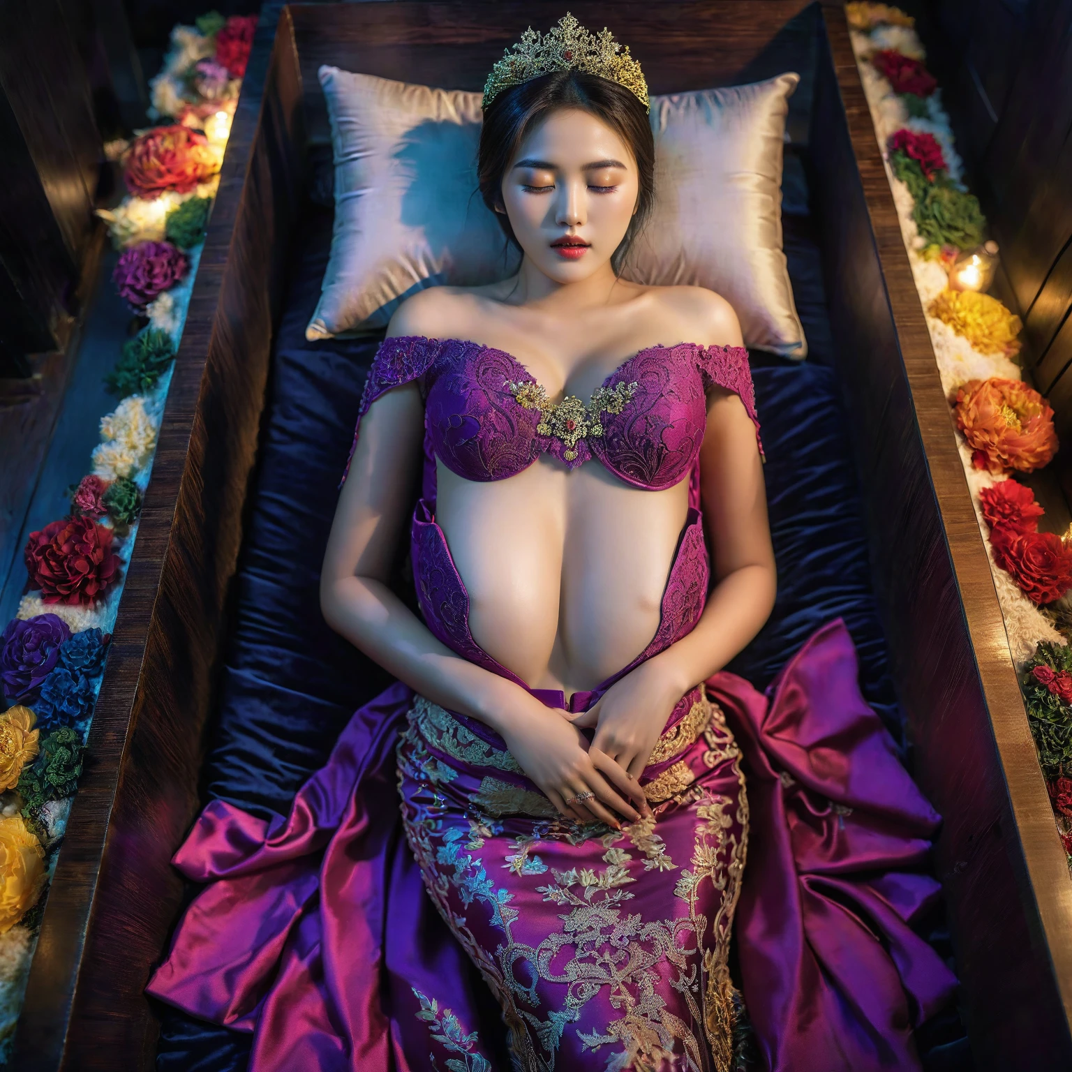 In a striking 8K HDR scene, a stunning Korean woman, 22 years old, lies peacefully in a black coffin surrounded by plush pillows. The deep box is set against a rich black background, accentuating the beauty of the subject. Her exquisite kebaya attire is embroidered with superb detail, showcasing her round and firm breasts, perfect cleavage, and beautiful eyebrows. Her closed eyes and mouth give an air of serenity, while her visible and absolute cleavage leave nothing to imagination. The scene is bathed in saturated colors, highlighting every intricate aspect from the ball skirt to her clean face.