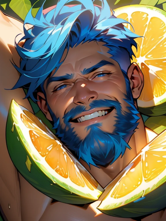 lying down, fruits background (Best Quality, 4k, 8k, high resolution, Masterpiece: 1.2), ultra detailed, Male portrait, medium closeup, very detailed face, detailed facial features, muscular build, spectacular lighting, close-up, from above, anatomically correct, super detail, full blue beard and short blue hair, smile, winking an eye, hairy chest.