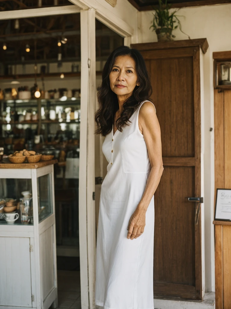 RAW PHOTO, her name is Dolores, high quality, 1 old woman, ((58-year-old slim filipina woman)), (((58 years old))), ((slim body)), ((wrinkled body)), (((old body))), (((long hair))), she is wearing a modest Generation X flowy casual wear, POSE: standing, BREAK, BACKGROUND: indoor, cafe by the beach, film grain, instagram photo