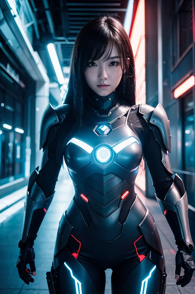 A beautiful Japanese girl is depicted in a vertical, ultra-realistic illustration, set in a futuristic, neon-lit environment. She has long, wet hair that clings to her face, adding to the intense atmosphere. She wears a form-fitting, translucent outfit that highlights her figure, complemented by high-tech, robotic armor on her limbs. Her pose is crouched, with a focused and determined expression, ready for action.

The background is a high-tech corridor illuminated by blue neon lights, creating a stark contrast with her pale skin and dark hair. The artist employs digital painting techniques to achieve high detail and realism, particularly in the textures of her wet hair, the reflective surfaces of the armor, and the ambient lighting. The use of dynamic lighting and intricate details enhances the overall futuristic and immersive feel of the image.