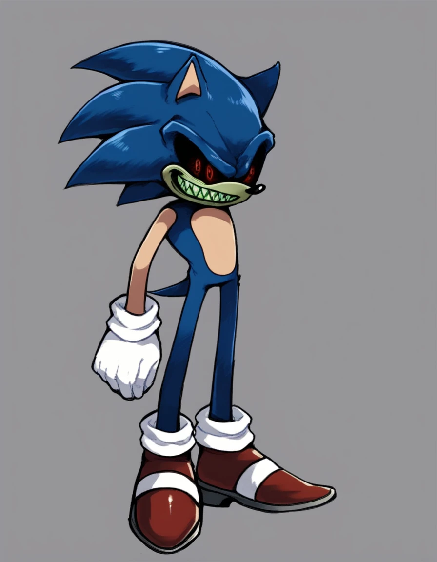 bratwurst_exe, solo, smile, simple background, red eyes, gloves, 1boy, animal ears, blue hair, standing, tail, full body, male focus, shoes, teeth, socks, shiny, white gloves, grey background, grin, happy, sharp teeth, red footwear, furry, furry male, animal nose, evil grin, sideways mouth, blue fur, sonic the hedgehog, green teeth, scary eyes