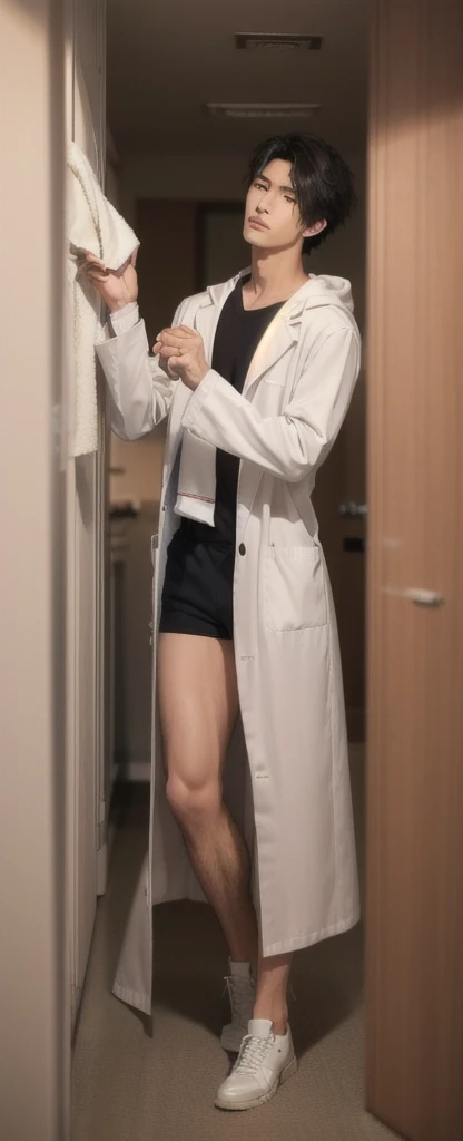 (photorealistic:1.2), (high detail face:1.3), (high detail hands:1.3), (anatomically correct hands:1.2), handsome young asian man, Japanese idol style, short clean-cut hair, ((center part)), white lab coat, black hoodie underneath, calm confident expression, hands in lab coat pockets, plain white background, portrait, high quality, detailed, 8K, (realistic skin texture:1.2), (sharp focus:1.1)