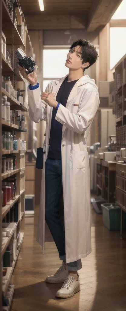 (photorealistic:1.2), (high detail face:1.3), (high detail hands:1.3), (anatomically correct hands:1.2), handsome young asian man, Japanese idol style, short clean-cut hair, ((center part)), white lab coat, black hoodie underneath, calm confident expression, hands in lab coat pockets, plain white background, portrait, high quality, detailed, 8K, (realistic skin texture:1.2), (sharp focus:1.1)