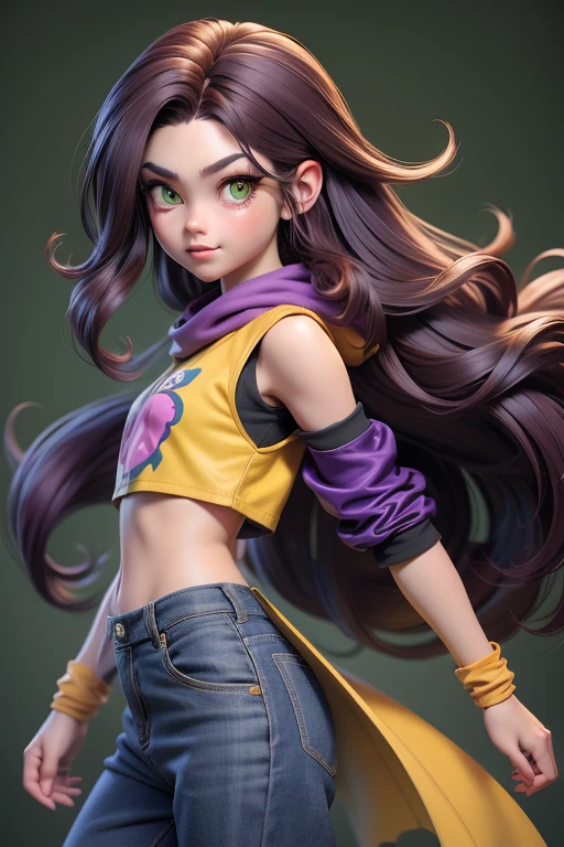 A human realistic girl dark brown hair is drawing on a canvas an animated Dragon Ball boy style character with long purple hair and yellow-green eyes, destroyed blue clothes.