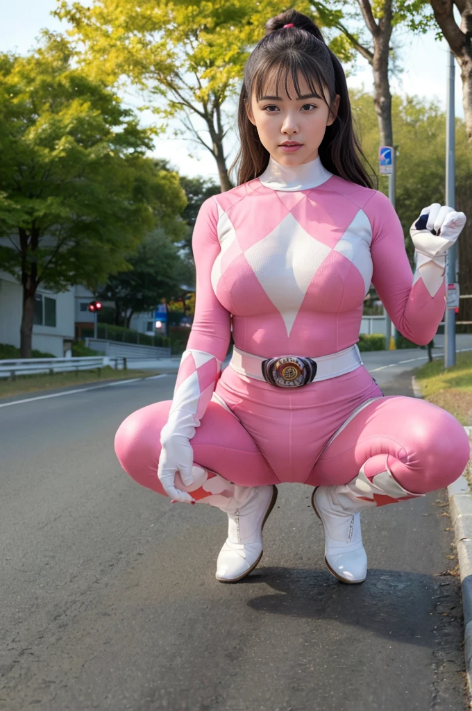 (8K、Ultra-high resolution、Highest quality、masterpiece、Realistic、Ultra-high resolution)、female、((Tight fitting bodysuit)),Cosplay、pink power ranger、((Squat、Both hands at the back of the head、Pose with legs wide open))、nsfw, BDSM、on the road