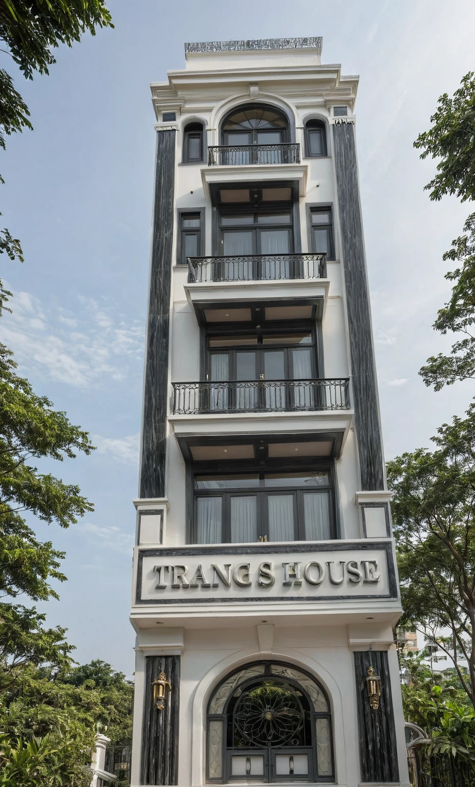RAW photo,Exterior neo classic house, Inspired by French architecture, neo classic style, black and white, ((Highly detailed sculpted cornices at the tops of columns and walls)), French style roof, townhouse in residential area, The building is located in an urban area of Hanoi Vietnam, mix white and black steel facade, facing the road, (sidewalks), (sidewalk trees), (gate), (ultra realistic), (super high details:1.5), clean white sky, natural lighting, (curvilinear architecture:1.2), (sharpen:1.2), 8k uhd, dslr, soft lighting, high quality, film grain, Fujifilm XT3