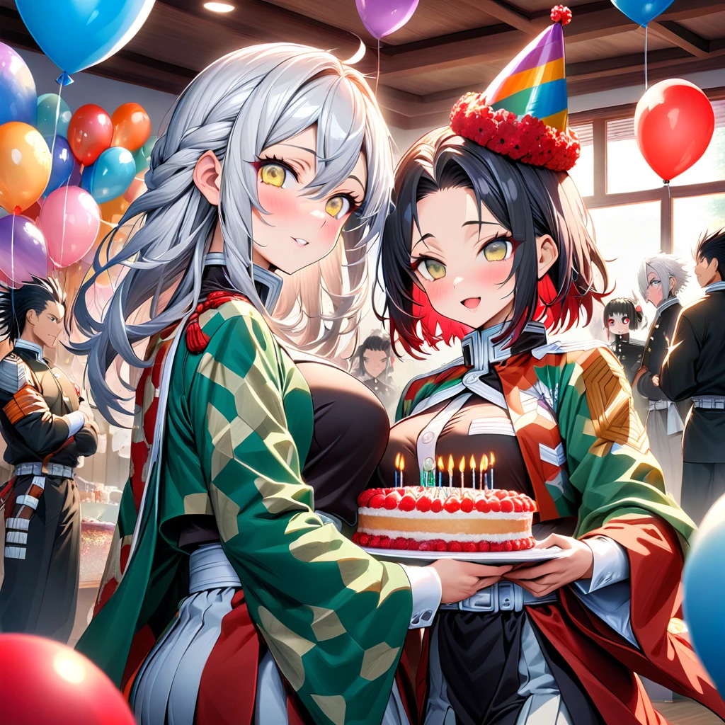 Ultra detailed, high resolution, absurd, HDR, masterpiece, anime man and woman, beautiful woman (with long white hair with deep red highlights, woman (with yellow eyes), haori, wearing anime uniform demon slayer corps, Kimetsu No Yaiba, the woman is holding a birthday cake, everyone is wearing a birthday hat, balloons on the ceiling, sweets, handsome Tomioka Giyu, Hashira, Sanemi Shinazugawa, Uzui Tengen, party, birthday hats, Japanese house, best quality, extremely detailed face, anime, it’s the birthday of the white hair woman