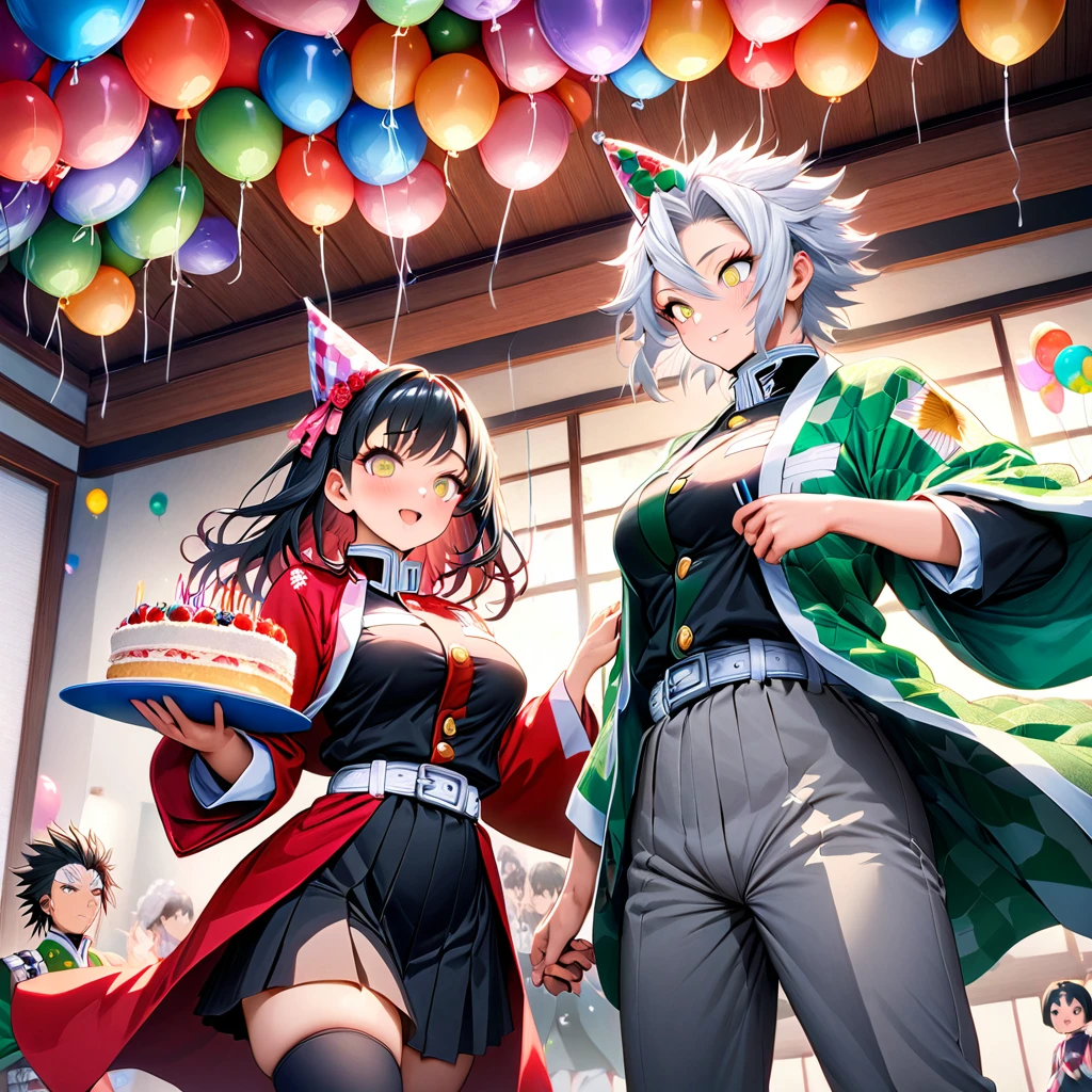 Ultra detailed, high resolution, absurd, HDR, masterpiece, anime man and woman, beautiful woman (with long white hair with deep red highlights, woman (with yellow eyes), haori, wearing anime uniform demon slayer corps, Kimetsu No Yaiba, the woman is holding a birthday cake, everyone is wearing a birthday hat, balloons on the ceiling, sweets, handsome Tomioka Giyu, Hashira, Sanemi Shinazugawa, Uzui Tengen, party, birthday hats, Japanese house, best quality, extremely detailed face, anime, it’s the birthday of the white hair woman