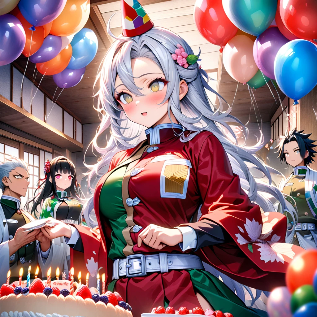Ultra detailed, high resolution, absurd, HDR, masterpiece, anime man and woman, beautiful woman (with long white hair with deep red highlights, woman (with yellow eyes), haori, wearing anime uniform demon slayer corps, Kimetsu No Yaiba, the woman is holding a birthday cake, everyone is wearing a birthday hat, balloons on the ceiling, sweets, handsome Tomioka Giyu, Hashira, Sanemi Shinazugawa, Uzui Tengen, party, birthday hats, Japanese house, best quality, extremely detailed face, anime, it’s the birthday of the white hair woman
