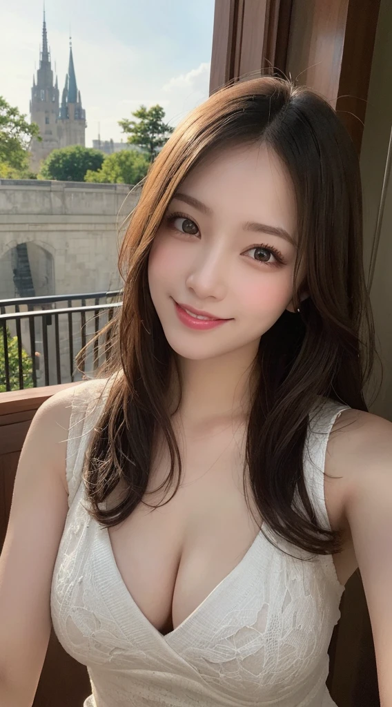 masutepiece, Best Quality, Illustration, Ultra-detailed, finely detail, hight resolution, 8K Wallpaper, Perfect dynamic composition, Beautiful detailed eyes, doress,Medium Hair, mid-chest, Natural Color Lip, Random and sexy poses,Smile,Tower Mansion