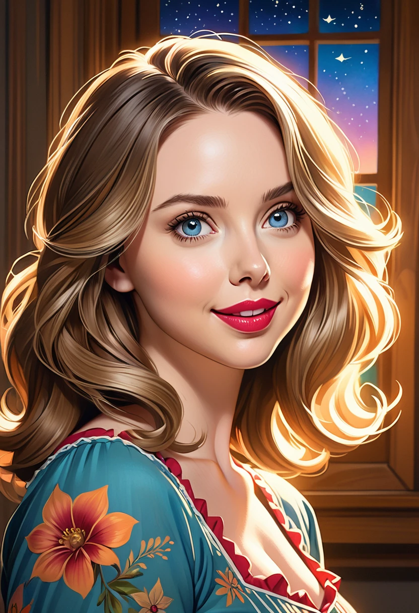 Create an illustrated, hand-drawn, full-color image of an 50 house wife. The artwork should be rendered in the style of "Breath of the Wild," featuring warm lighting and shadows. Include graphite shading, stencil marks, and airbrushed acrylic paint effects. The image should be of the highest quality, a masterpiece with intricate details.
She should have luscious lips, a wide smile, and bright, expressive eyes, exuding beauty, cuteness, and adorableness. Ensure the image is high resolution and sharply detailed, with a detailed and vibrant background. Scarlett Johanson, Alison Brie, Dove Cameron
Incorporate mystical lighting in the background, creating a romantic and enchanting atmosphere.
