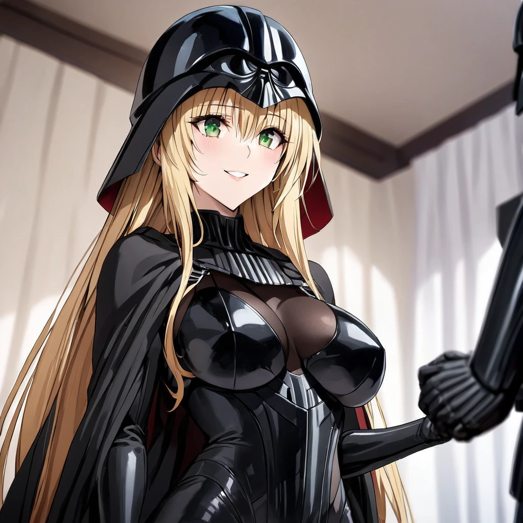((Highest quality)), ((masterpiece)), (detailed), （Perfect Face）、The woman is the Sith Lord Tearju, with green eyes and blonde medium-long hair, a female version of Darth Vader, wearing the same bodysuit and protector as Darth Vader, a full-face helmet as Darth Vader, and a black cloak.、The woman is standing next to Darth Vader and smiling sweetly at him.