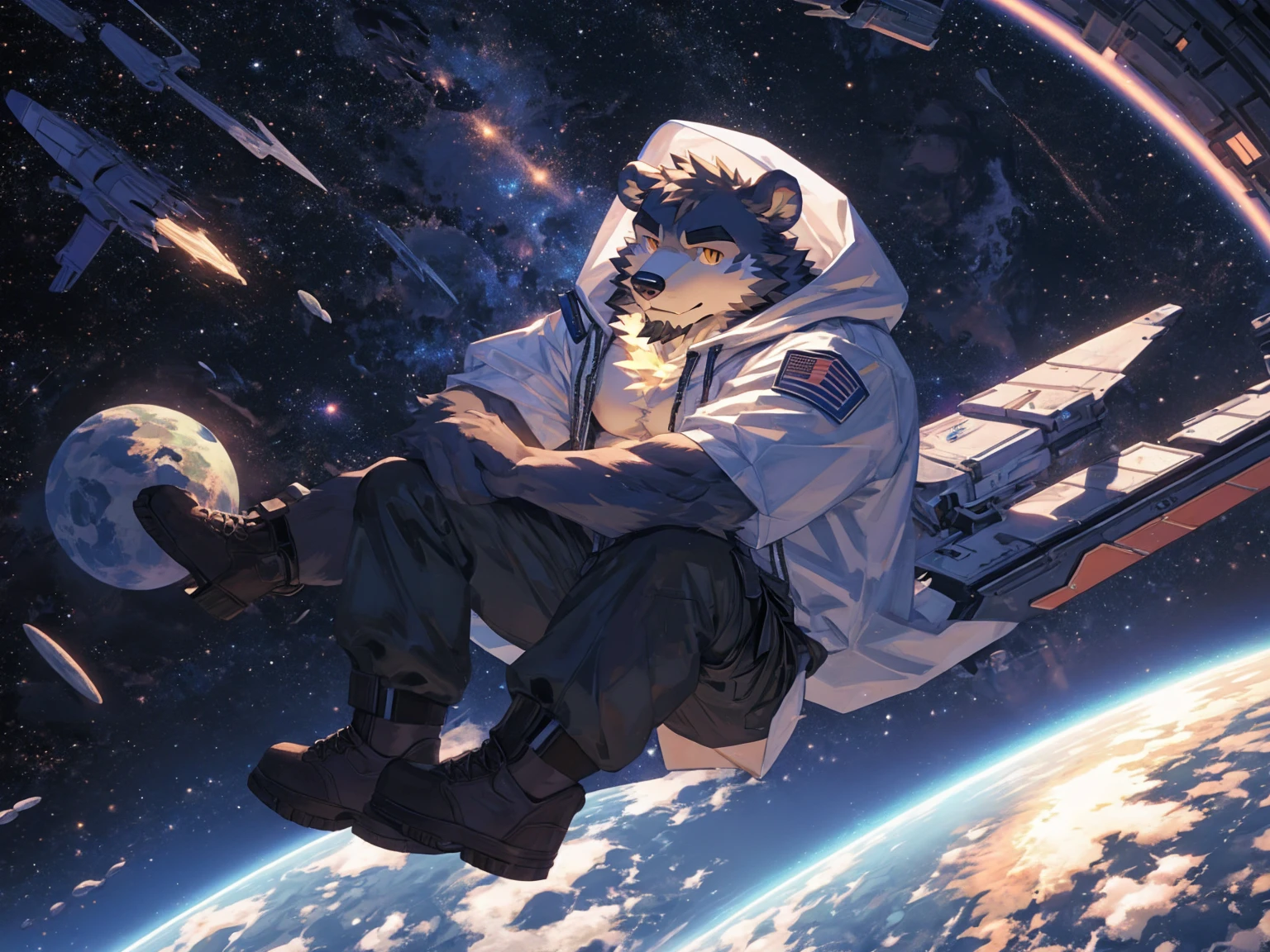(masterpiece:1.2), best quality,pixiv,official art,perfect anatomy, (Ray tracing, light),solo, (1_male:1.3) , (muscle), (grey fur:1.4), (muscle bear), (beard:1.2), (gleaming golden eyes), bear tail, full body, Thick black eyebrows,(open hooded parka), (naked inside), (cargo pants:1.2), boots , (in the space:1.3) , star , planet , earth , asteroid , (character floating :1.3)