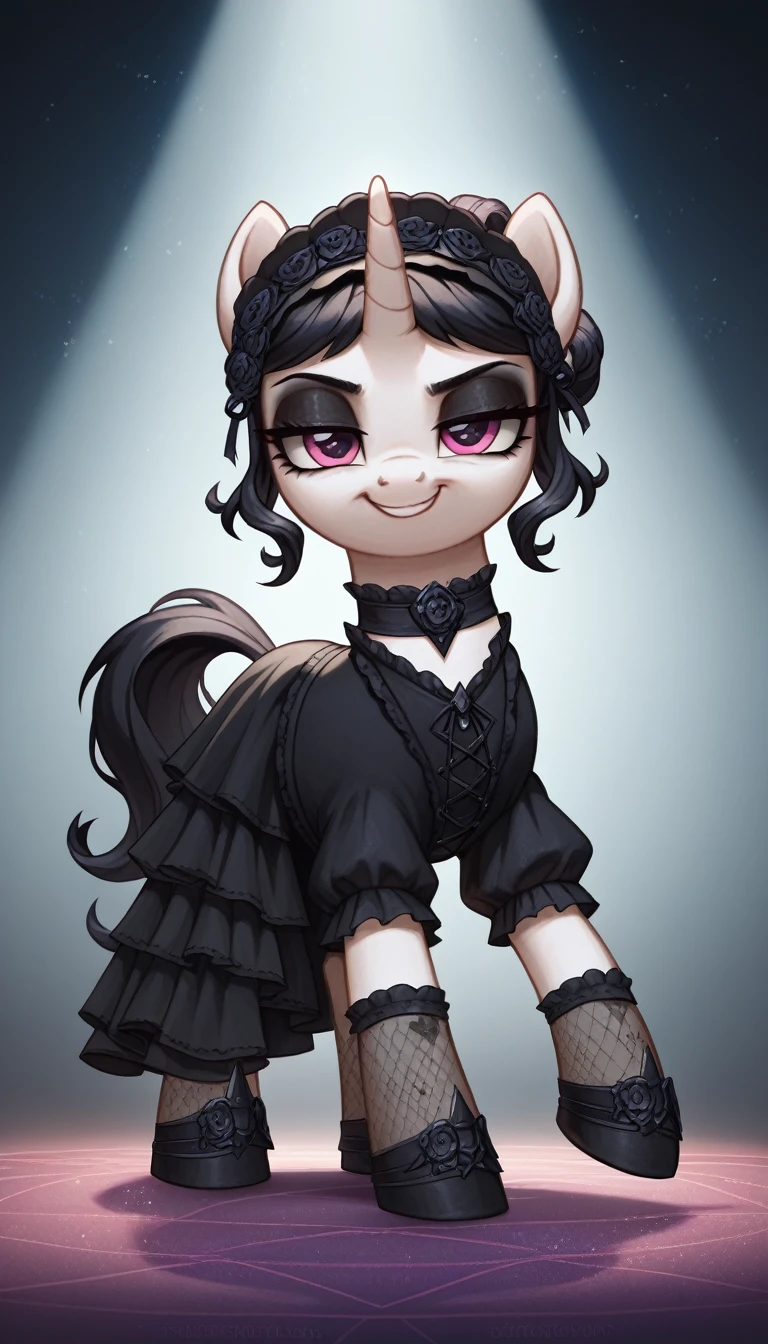 score_9,score_8_up,score_7_up,score_6_up, filly, unicorn, Gothic pony, ****ta goth fashion, glowing backlight, fashion show, catwalk scene, glitter, whimsical, enchanted, magical, fantasy art concept, intricate details, smug smile