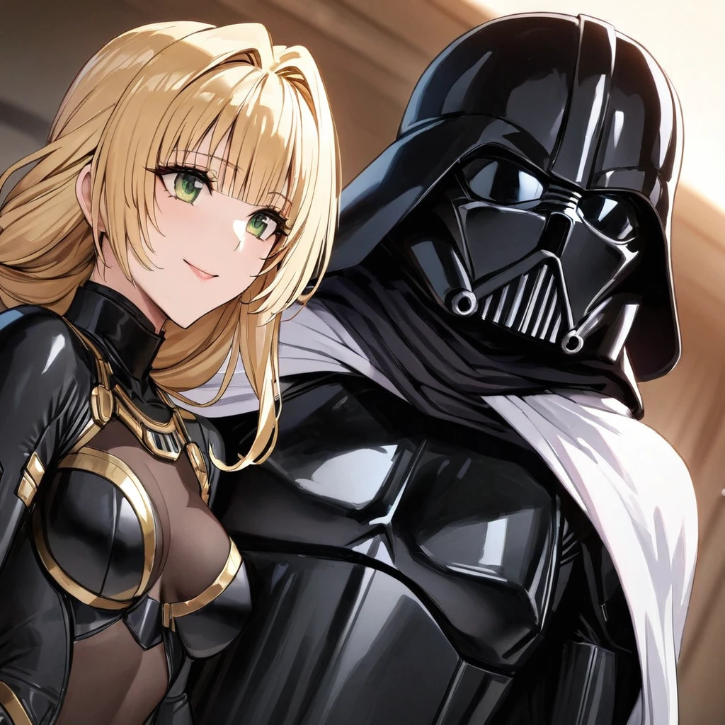 ((Highest quality)), ((masterpiece)), (detailed), （Perfect Face）、The woman is a Stormtrooper named Tiare, with green eyes, medium blonde hair, and a Princess Leia hairstyle. She is wearing a gorgeous black Stormtrooper bodysuit with gold patterns and trim, and a gorgeous black cape.、The woman is standing next to Darth Vader and smiling sweetly at him.