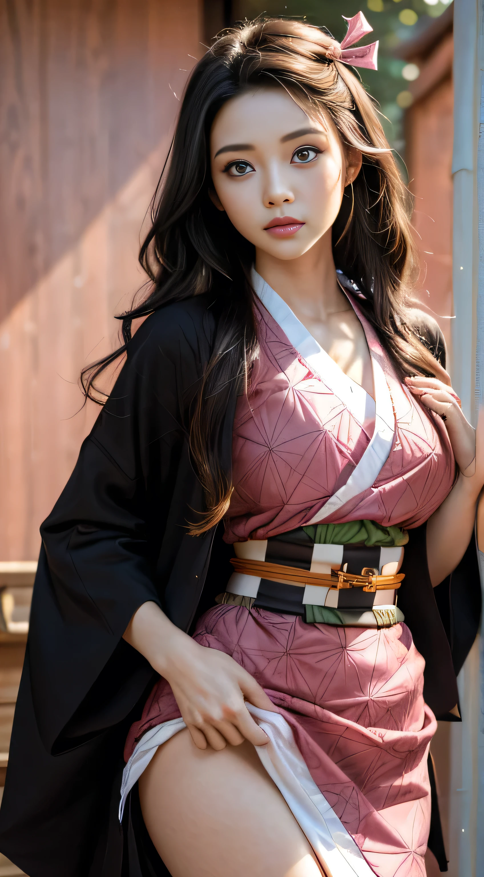 Masterpiece, Best Quality, High Resolution, Venus1, 1Girl, Solo, Tsuko Kamato, Bamboo, ((Gag)), Hair (brown), Plaid Belt, Gag, Gag, Gradient Hair, Hair Ribbon, Haori, Japanese Clothing, ((Black Kimono:1.2)), Very Short Kimono, big , Long Hair, big boob5, cleavag3, Looking at the Audience, Multicolored Hair, Pink Eyes, Very Short Pink Kimono, Black Outer, Pink Ribbon, Ribbon, Solo, (((Masterpiece)), Forehead, standing posing, bamboo background, Cute puffing cheeks, seducing, Eyes wide, slim waist, sexy posing, slim tight,0