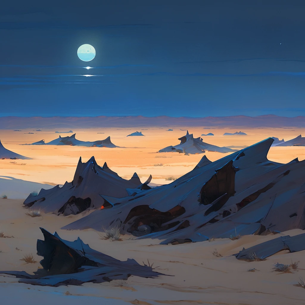 Old West, Desert, horizon, blue Night , from far, Oil paint,(only blue and black color palette), Giant glass shards in sand, spiky glass structures, massive giant worm crawling in the dunes, sand dunes, dune, worm, darkness, Scary, moon, Too dark, dimly lit, pitch, corpse, dark night, no light, Dark sky, black sky, dark night, deep darkness