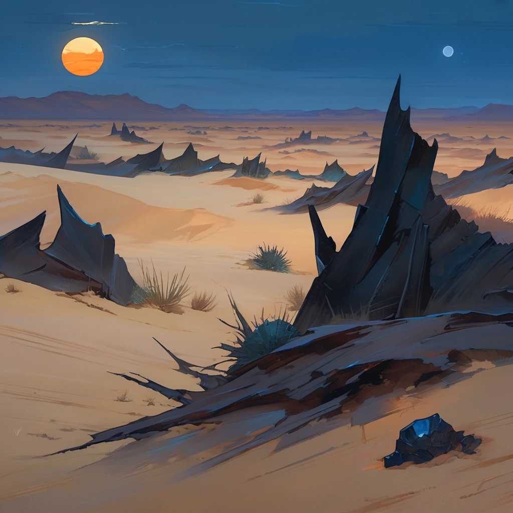 Old West, Desert, horizon, blue Night , from far, Oil paint,(only blue and black color palette), Giant glass shards in sand, spiky glass structures, massive giant worm crawling in the dunes, sand dunes, dune, worm, darkness, Scary, moon, Too dark, dimly lit, pitch, corpse, dark night, no light, Dark sky, black sky, dark night, deep darkness 