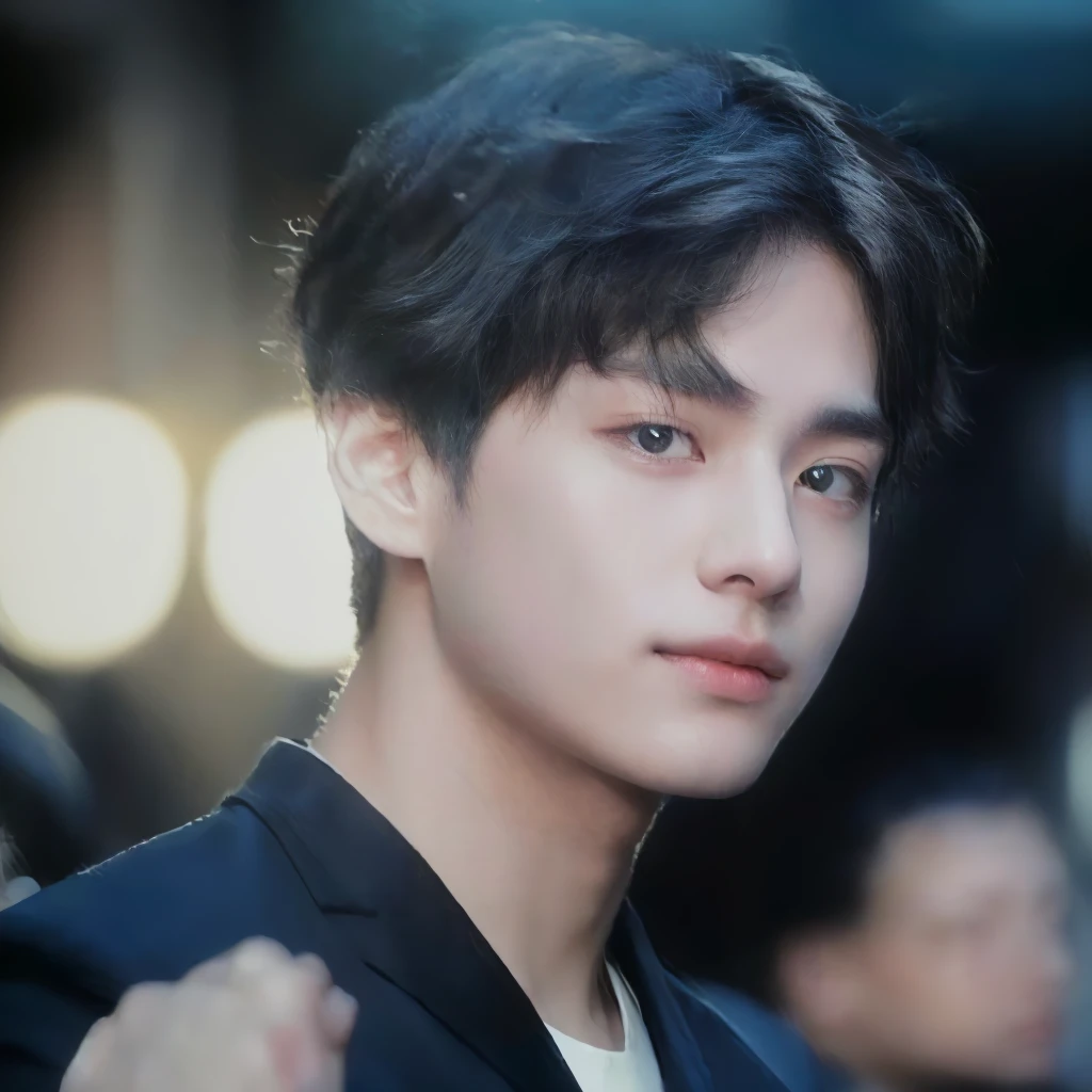 Image of a man wearing a black jacket and a white shirt, taehyung, BTS group, kpop idol portrait, realism artistic style, beautiful androgynous prince, bts, delicate androgynous prince, inspired by taehyung kim, young pale angel
