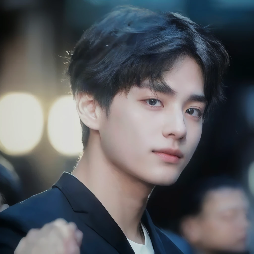 Image of a man wearing a black jacket and a white shirt, taehyung, BTS group, kpop idol portrait, realism artistic style, beautiful androgynous prince, bts, delicate androgynous prince, inspired by taehyung kim, young pale angel