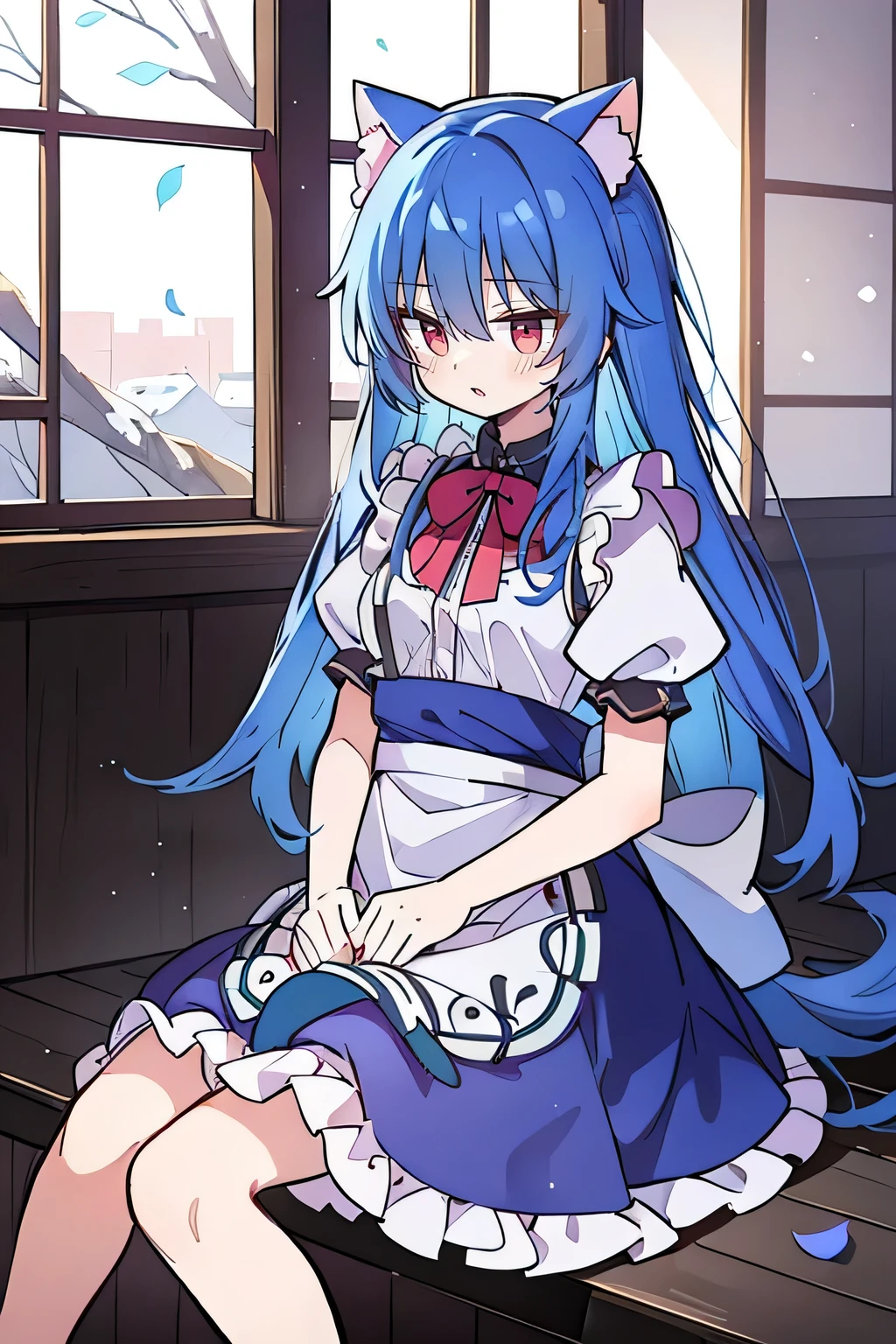 (masterpiece:1.2),Super detailed,lifelike,Expressive eyes,fair skin,perfect face shape,1 girl,
Japanese comics,Gorgeous blue hair,flowing blue hair,flowing clothes,Cat ears,Petals fall,beautiful lola,Baby Angel,
,Cross your legs,Gentle and peaceful background,The pavilion is cool and comfortable, maid outfit, maid,cafes,In front of the window,,snowing。