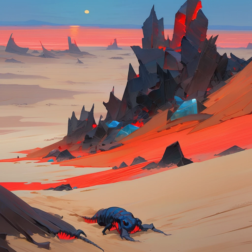 Old West, Desert, horizon, blue Night , from far, Oil paint, red sun,(only blue and black color palette), Giant glass shards in sand, spiky glass structures, massive giant worm crawling in the dunes, sand dunes, dune, worm, darkness, Scary, human corpse, 