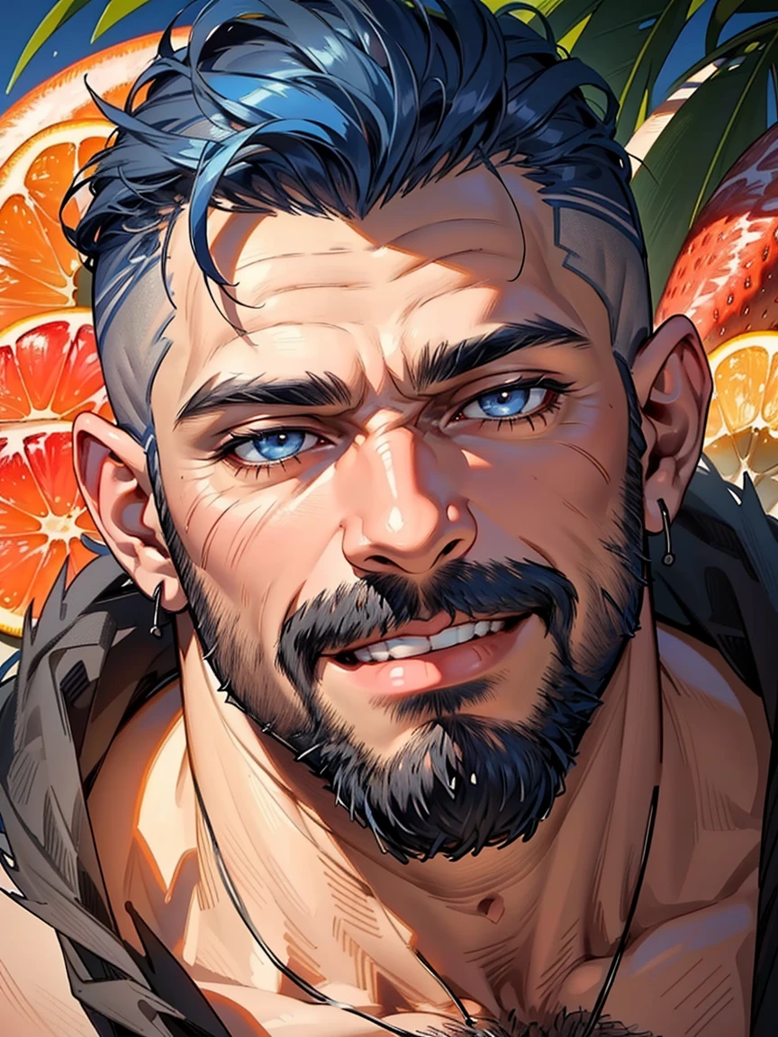 lying down, fruits background (Best Quality, 4k, 8k, high resolution, Masterpiece: 1.2), ultra detailed, Male portrait, medium closeup, very detailed face, detailed facial features, muscular build, spectacular lighting, close-up, from above, anatomically correct, super detail, full blue beard and short blue hair, smile, winking an eye, hairy chest.