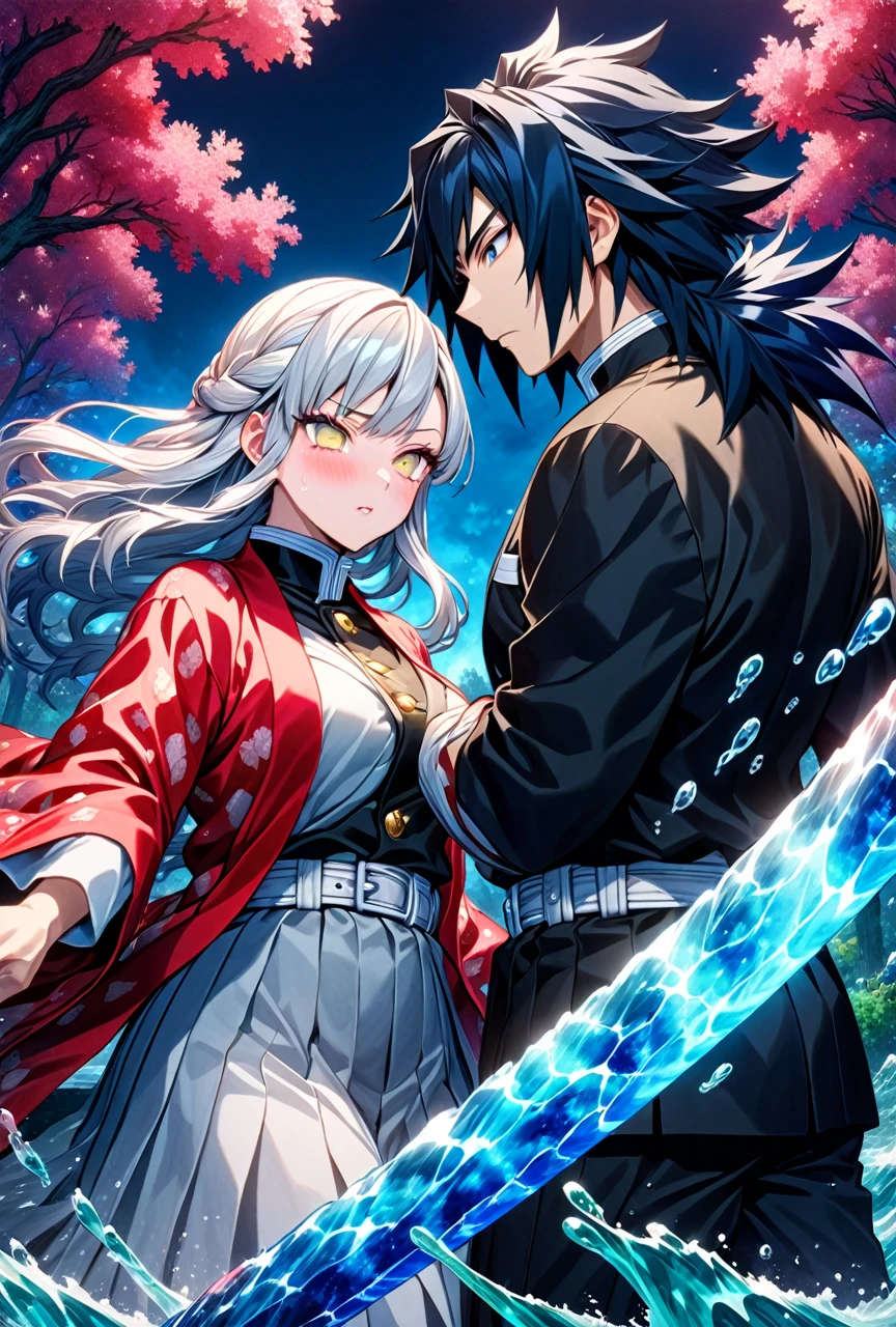 Ultra detailed, high resolution, absurd, HDR, masterpiece, anime girl and boy, beautiful woman (with long white hair with deep red streaks, woman (with yellow eyes), the woman (is wearing a red haori), long hair woman, in black demon slayer corps uniform, Kimetsu No Yaiba, fantasy, handsome, Tomioka Giyu, Hashira, Tomioka haori, Tomioka is serious and focused, couple, night, forest, best quality, extremely detailed face, anime, the woman is really hurt, the woman is covered in blood ,Tomioka is a strong man, the woman is angry, Tomioka Giyu is trying to protect the pretty woman, Tomioka is protecting his lover, both are powerfull, powerfull couple, water and blood power, katanas
