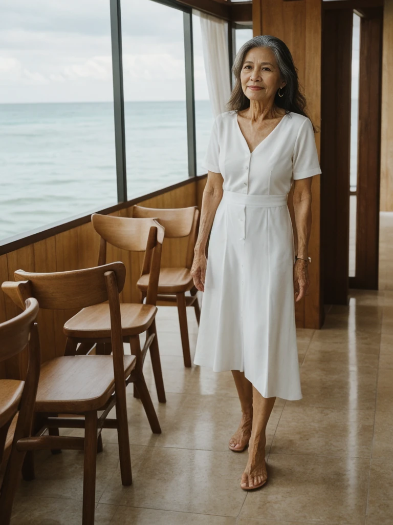 RAW PHOTO, her name is Dolores, high quality, 1 old woman, ((58-year-old slim filipina woman)), (((58 years old))), ((slim body)), ((wrinkled body)), (((old body))), (((long hair))), she is wearing a stylish modest Generation X flowy casual wear, POSE: standing, BREAK, BACKGROUND: indoor, cafe by the beach, film grain, instagram photo