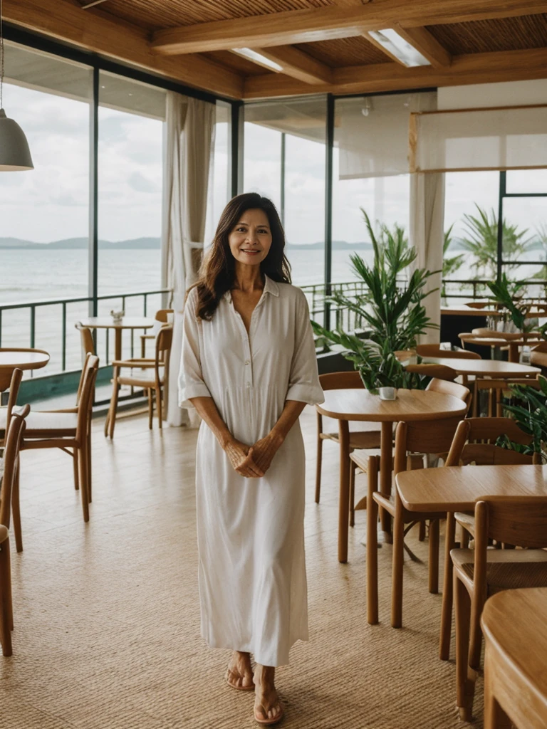 RAW PHOTO, her name is Dolores, high quality, 1 old woman, ((58-year-old slim filipina woman)), (((58 years old))), ((slim body)), ((wrinkled body)), (((old body))), (((long hair))), she is wearing a stylish modest Generation X flowy casual wear, POSE: standing, BREAK, BACKGROUND: indoor, cafe by the beach, film grain, instagram photo