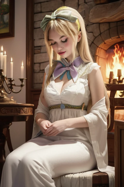 1 beautiful woman, big body, blonde, eyelid makeup, long-sleeved shirt, white shirt, cleavage,waring sexy dress