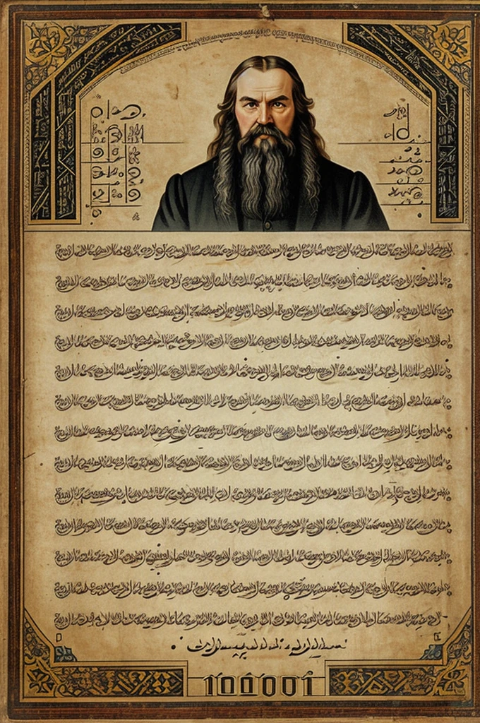 In one hand, Mendeleev has a board with Persian writing that reads: Welcome to the 10th class of descriptive chemistry