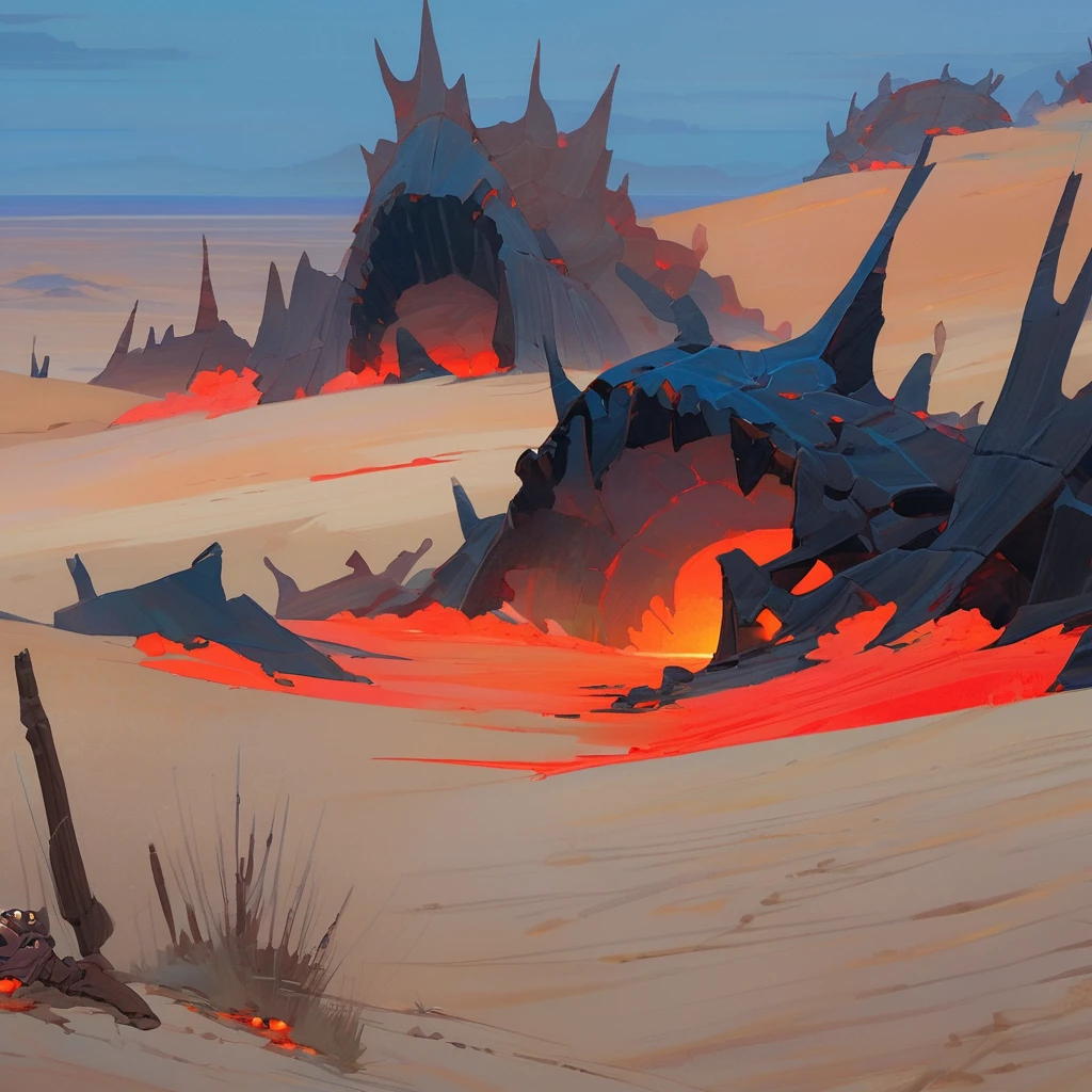 Old West, Desert, horizon, blue Night , from far, Oil paint, red sun,(only blue and black color palette), Giant glass shards in sand, spiky glass structures, massive giant worm crawling in the dunes, sand dunes, dune, worm, darkness, Scary, human Skeleton 