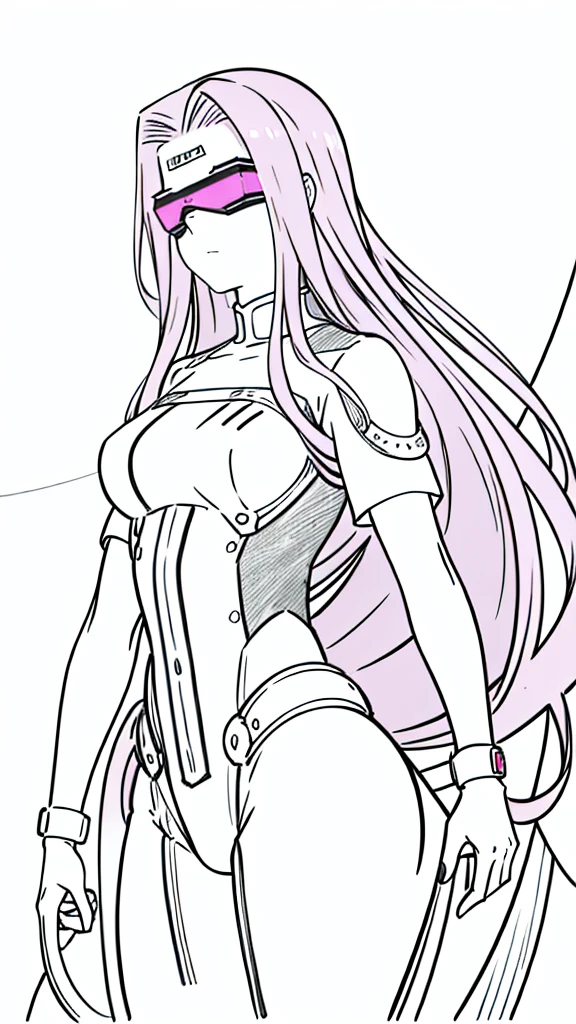 (1girl,20 years old,solo,adult),pink hair,long hair,(medusa hair),serious,smile,black bodysuit,(white background,line drawing),head-mounted display,upper body