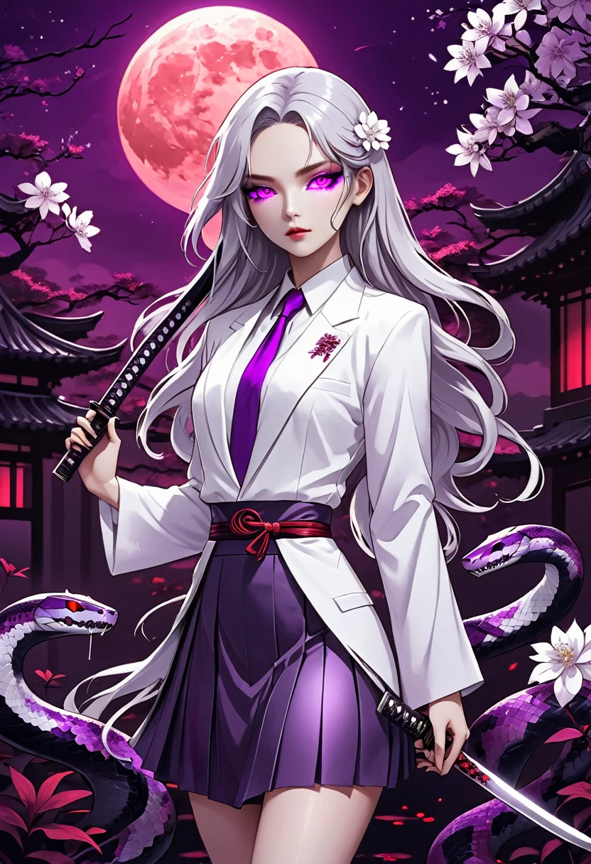 Anime style，1 Girl，Silver long hair，White flowers on eyes，Pleated skirt short suit，Katana in hand，Elegant Posture、Red Moon、Dark purple tones，Mysterious and elegant atmosphere，(((Fluorescent purple snake bone)))