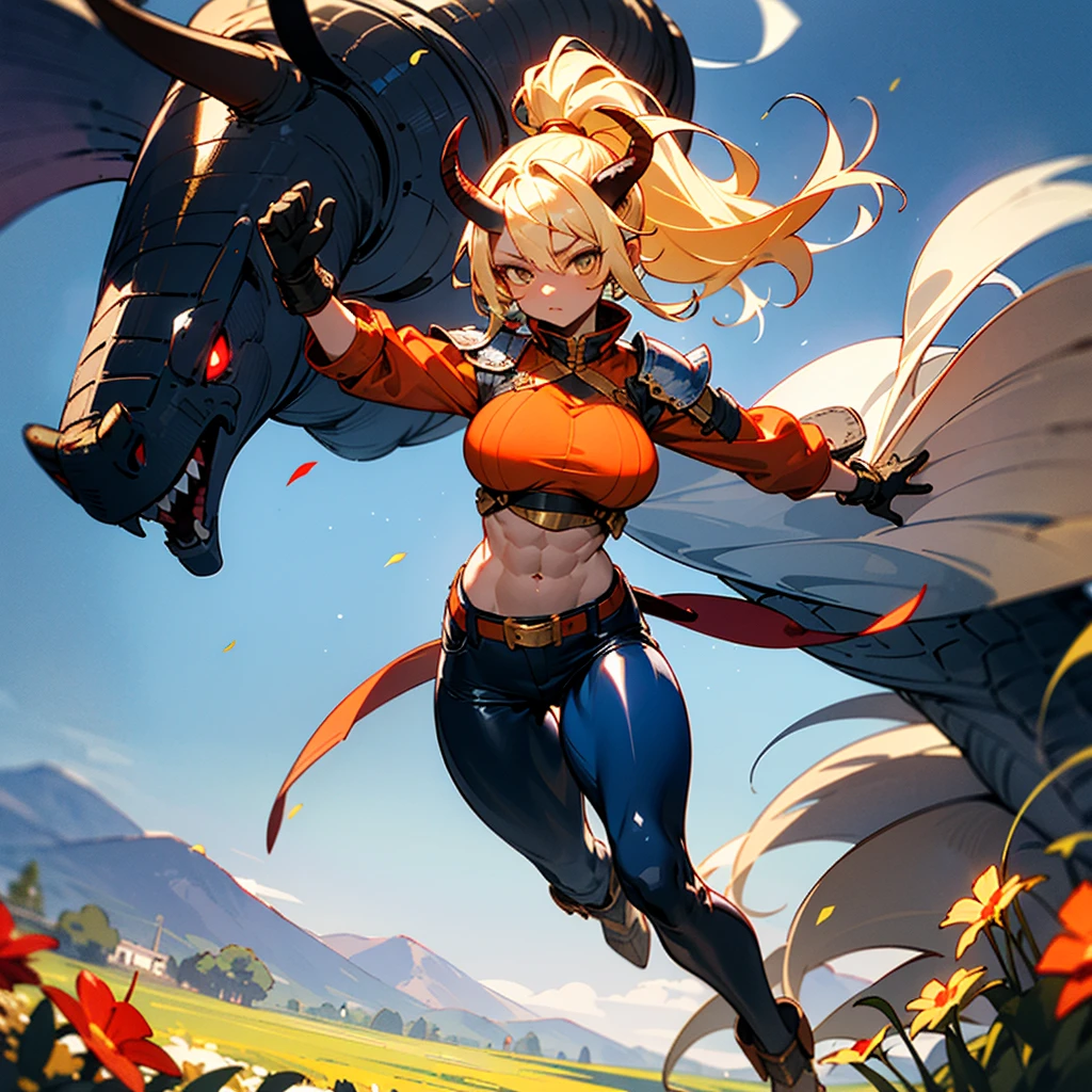 1girl, 8k_wallpaper, extremely detailed eyes, extremely detailed body, high quality, expressive eyes, full body, tall girl, detailed face, beautiful face, perfect face, detailed ((blonde hair)), (gold eyes), ((big red horns)), {{dark skin}}, ({dark skinned female}), gigantic breasts, thick thighs, translucent blue veins on the body, some areas of the skin are covered with small dragon scales, strong abdominal muscles, strong leg muscles, strong arm muscles, ponytail hairstyle, wearing a blue coat with rolled up sleeves, steel belly heavy armor, leather pants, leather steel gloves, wide a leather belt with gold yarn walks through a flower meadow against the backdrop of distant high mountains,