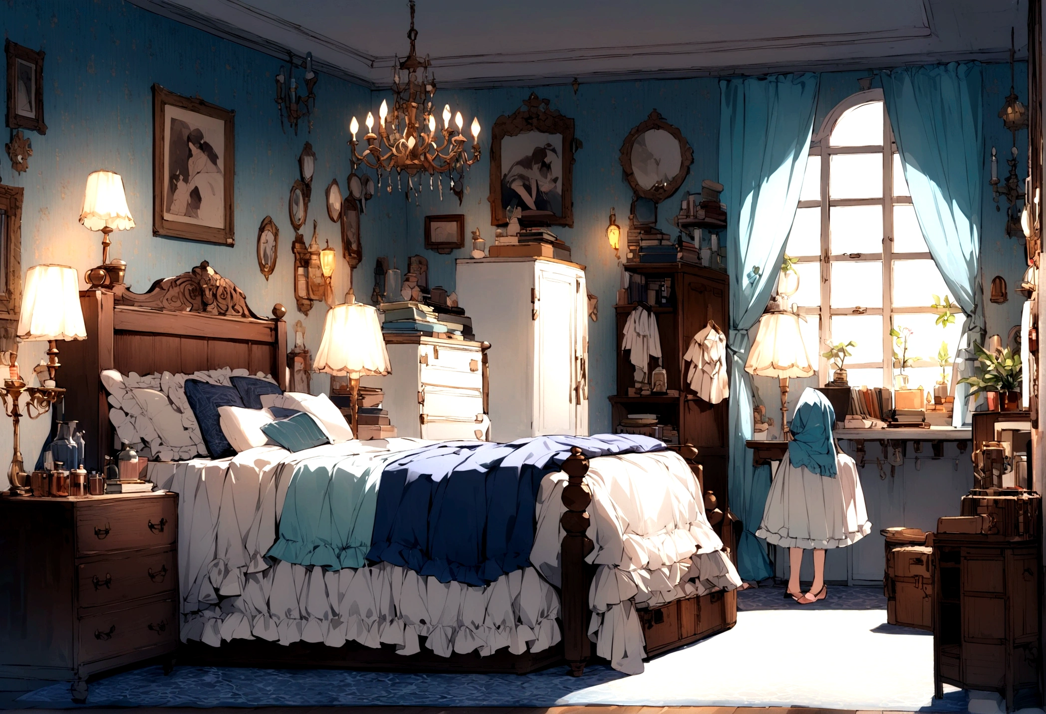 Highest quality、Masterpiece、Girl hobby room background、A cute light blue canopy bed、A chandelier with many lights、A cute white bookshelf with a few books、A cute white desk with a black treasure chest on it、A blue carpet with an intricate pattern、There was a window surrounded by cute light blue frilly curtains.、Two doors、The kitchen space includes a refrigerator and cupboards.